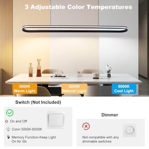 Modern LED Pendant Light Dimmable Linear Pendant Light 39.4in Semi Flush Mount Long Lights with Remote Control and Side Lighting for Living Room Kitchen Dining Room