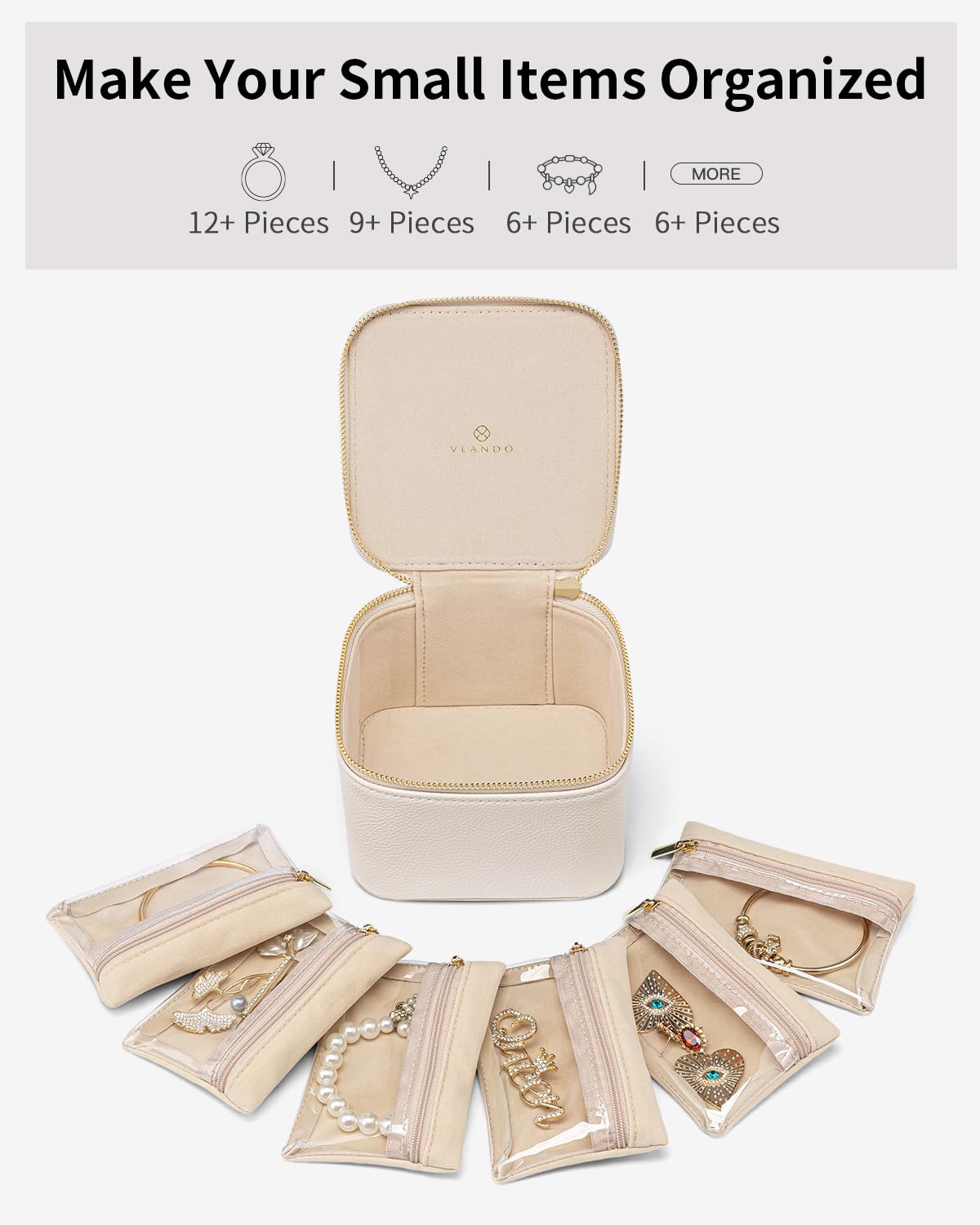 Travel Jewelry Organizer Case with 6 Clear Velvet Zipper Pouches (F.6 PCS White)