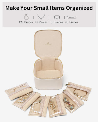 Travel Jewelry Organizer Case with 6 Clear Velvet Zipper Pouches (F.6 PCS White)