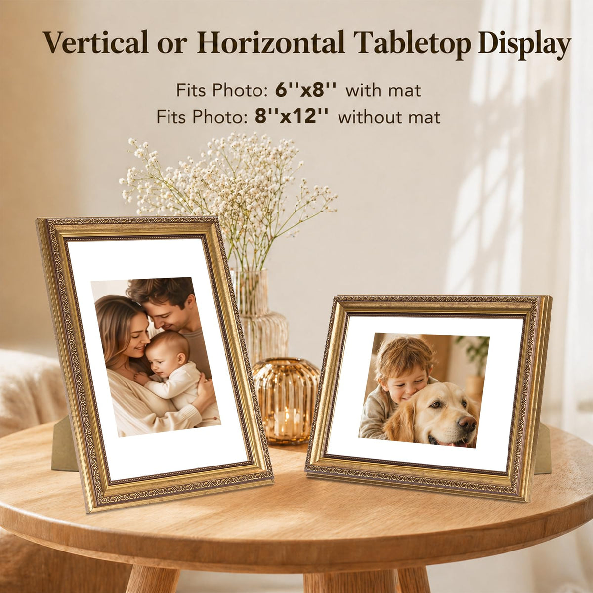 8x12 Vintage Picture Frame with 6x8 Mat Set of 2 (Gold / 8x12 inch)
