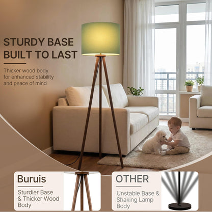 60.6 Inch Walnut Wood Tripod Floor Lamp with Linen Drum Shade (Green)