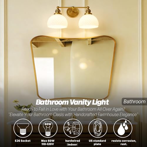 Vintage 2 Light Gold Bathroom Light Fixtures with Milk Glass (2-Brass)