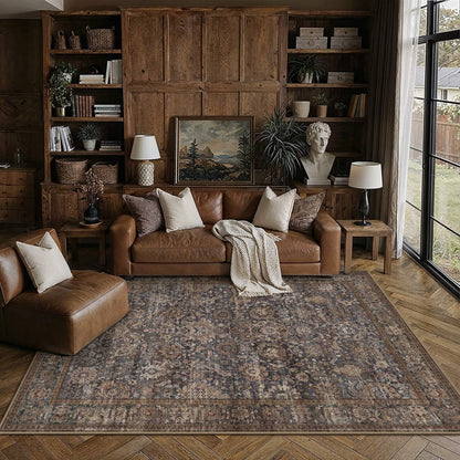 Area Rugs 5x7 Blue Brown Vintage Rug for Living Room (Retro | Blue Brown / 5' x 7' (Rectangular))