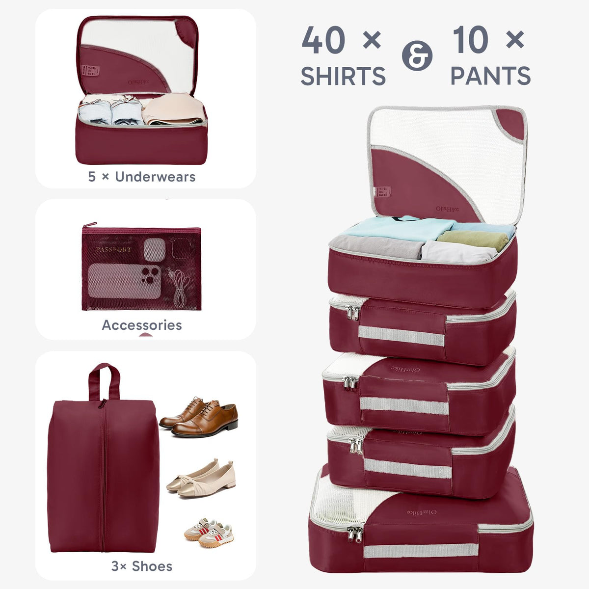 Packing Cubes for Travel (11 Burgundy)