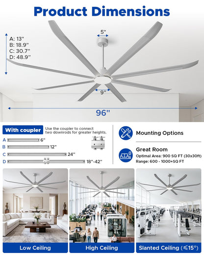 96 Inch Industrial Ceiling Fan With Light (Matte Silver)