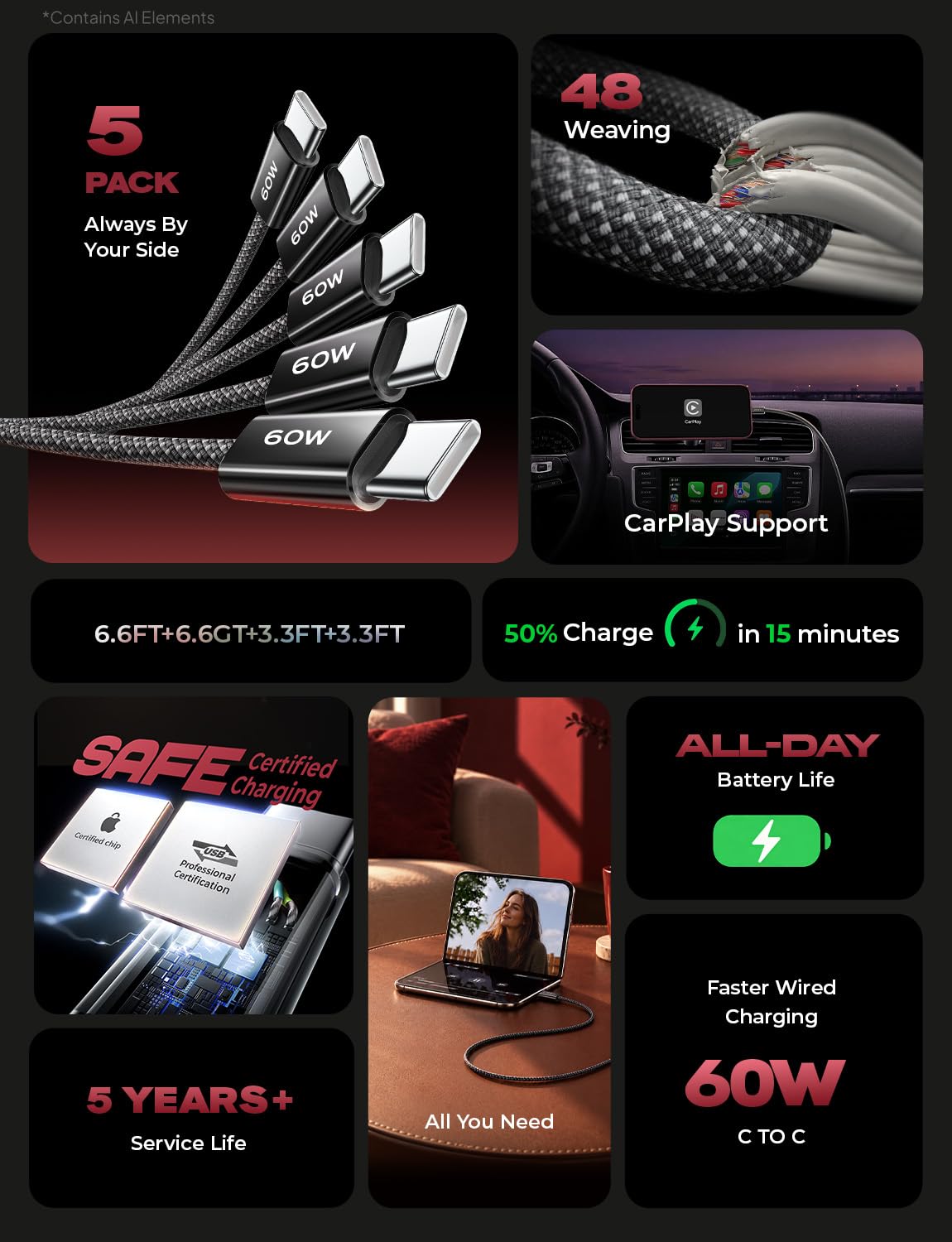 USB C to USB C Cable 60W for iPhone 18 Pro Duo Charging Cable (3.3+3.3+6.6+6.6+10FT / Black)