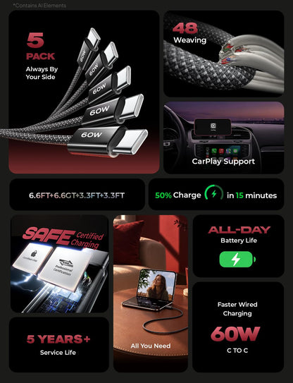 USB C to USB C Cable 60W for iPhone 18 Pro Duo Charging Cable (3.3+3.3+6.6+6.6+10FT / Black)