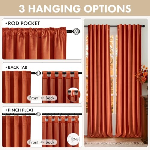 Fall Burnt Orange Velvet Curtains 4 Panels Set Back Tab 40" x 90" (Burnt Orange / 40"W x 90"L (Pack of 4))