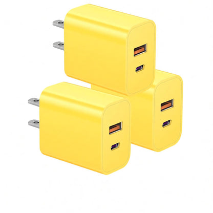 USB C Charger Block Fast Charging Block Type C Charger Multiport Adapter (Yellow / 20W3Pack)