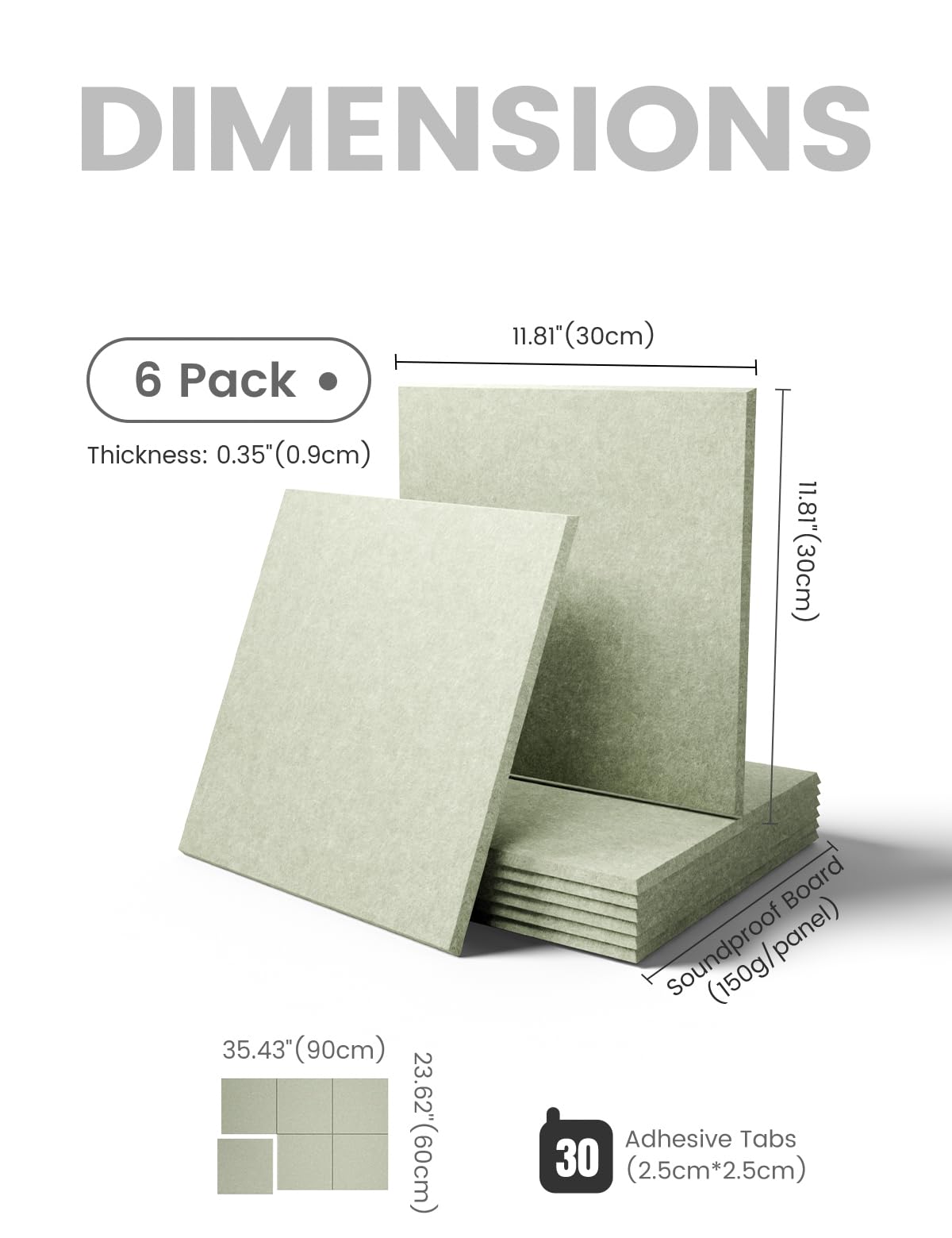 Felt Bulletin Board & Cork Board Alternative 36'' x 24'' (Sage Green / Solid tile 6-pack)