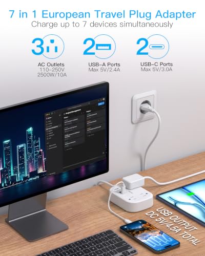 European Travel Plug Adapter with 3Ft Extension Cord