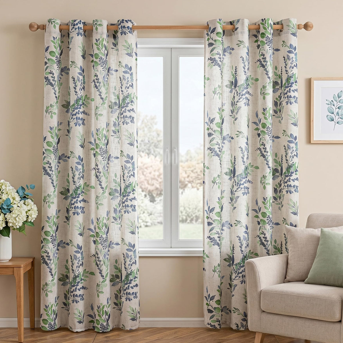 Floral Linen Curtains 90 inch Long 2 Panels Set Leaf Patterned Semi Sheer Light Filtering Privacy Farmhouse Grommet Drapes for Living Room Bedroom (B-green / 52"W x 90"L (Pack of 2))