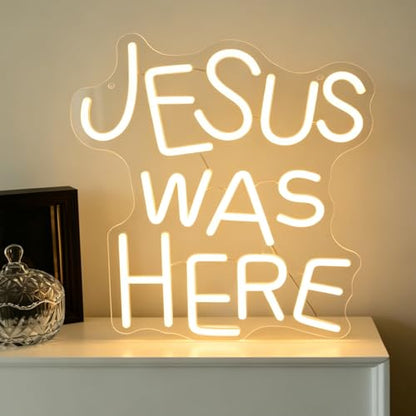 Neon Sign Jesus Was Here neon sign for Wall Decor Christian LED Signs Dimmable&USB Power Neon Light for Bedroom Easter Religious Events Church Decor（Warm White）