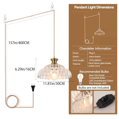 Pendant Light 11.8In Plug in Glass Vintage Chandeliers E26 Base Corded On
