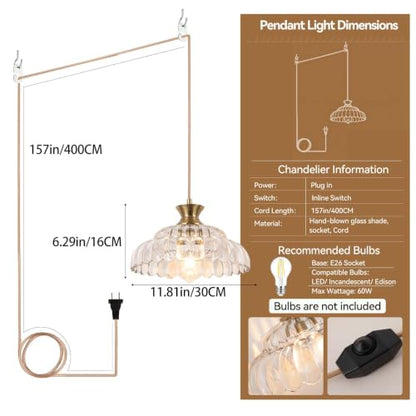 Pendant Light 11.8In Plug in Glass Vintage Chandeliers E26 Base Corded On
