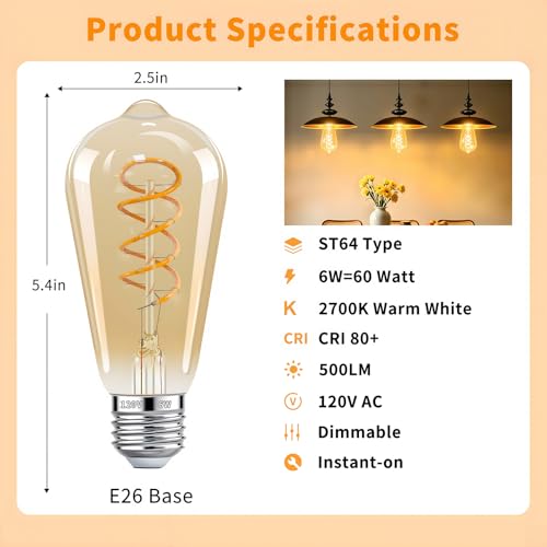 ST64 LED Vintage Edison Amber Light Bulbs