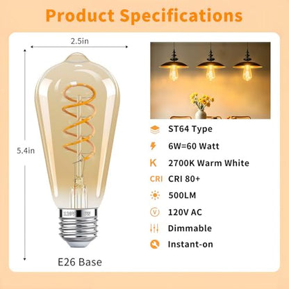 ST64 LED Vintage Edison Amber Light Bulbs