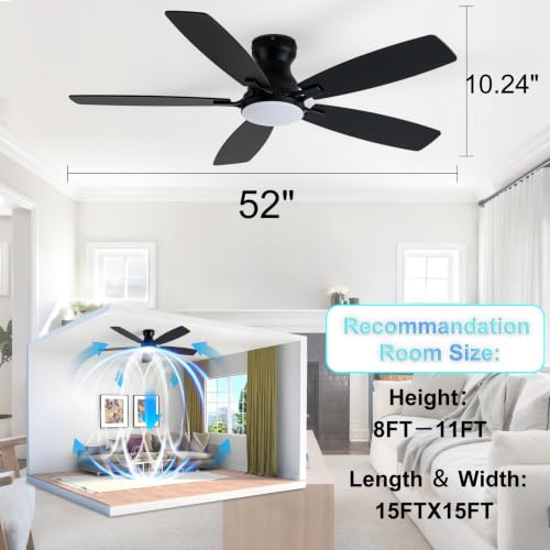 52 Inch Flush Mount Ceiling Fan with Display Remote (Black SY66-52IN)