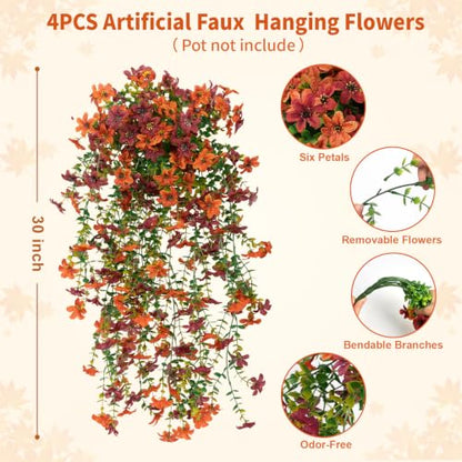 4PCS 688 Blooms Artificial Fall Flowers (4*green Red Orange 720-blooms Six-petaled Hanging Flowers)