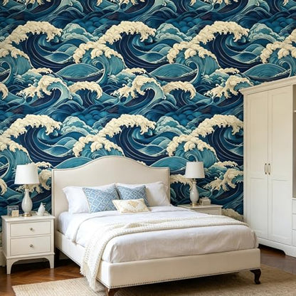 Vintage Coastal Wave Peel and Stick Wallpaper Navy Blue Cream Seamless Ocean Oriental Removable Waterproof Contact Paper for Accent Wall Bathroom Bedroom Nursery Kids Room Home Décor
