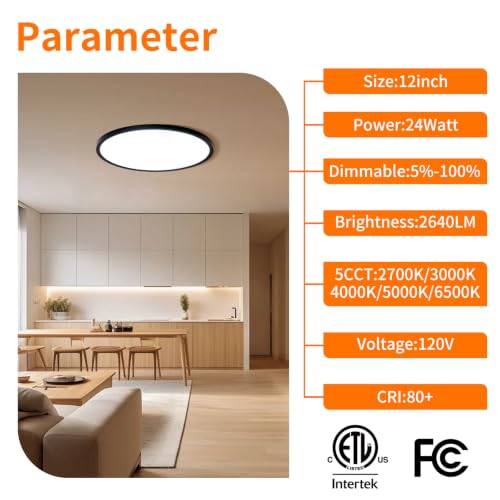6PK 12inch Dimmable LED Flush Mount Ceiling Light (Black / 12 inch)