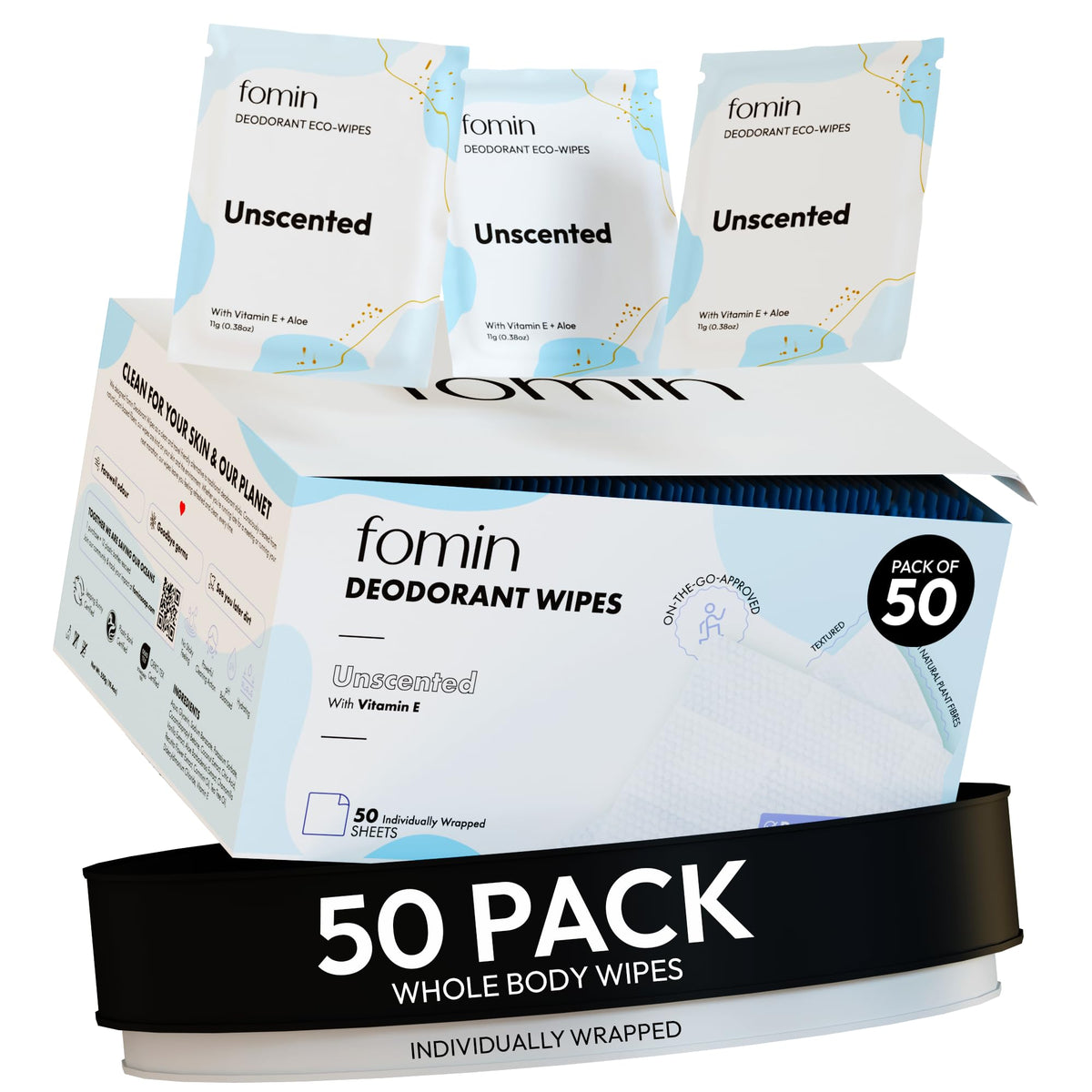Travel Deodorant Wipes for Women & Men (Unscented - 50 Count)