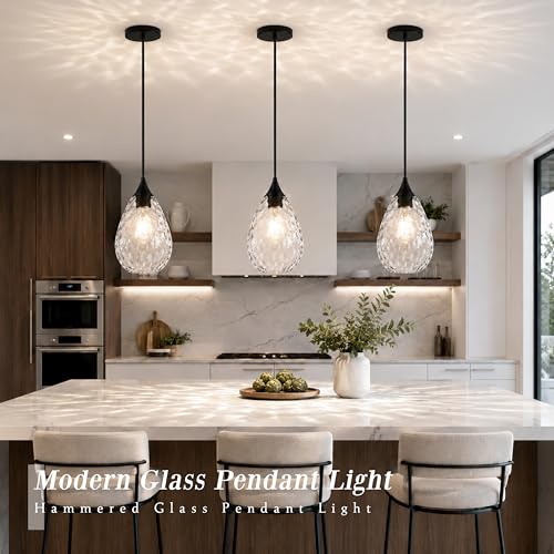 Glass Pendant Lights Kitchen Island 6" Pendant Light Fixtures Hammered Clear Glass Height Adjustable Modern Hanging Pendant Lights for Dining Room