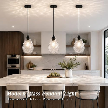 Glass Pendant Lights Kitchen Island 6" Pendant Light Fixtures Hammered Clear Glass Height Adjustable Modern Hanging Pendant Lights for Dining Room