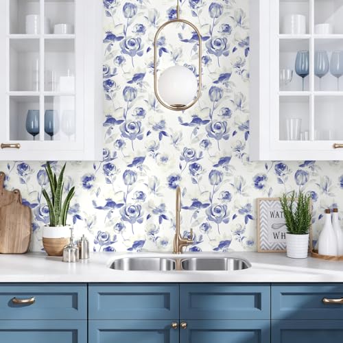 Floral Wallpaper Peel and Stick Vintage Contact Paper Indigo Floral Self Adhesive Removable Wallpaper Waterproof for Bathroom Kitchen Decorative Vintage Contact Paper Vinyl