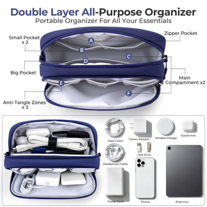 Electronics Travel Organizer 9 Compartment Dual Layer Tech Pouch Lightweight Water Resistant Travel Cable Organizer Bag for Chargers Cords Phone Power Bank Tech Essentials and Daily Items (Blue / L)