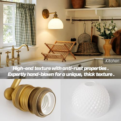 Brass Wall Sconce Vintage Milk White Glass Vanity Light Hardwired Gold Wall Mounted Lamp for Bathroom Mirror to Elevate Decor & Refresh Older Home’s Look E26