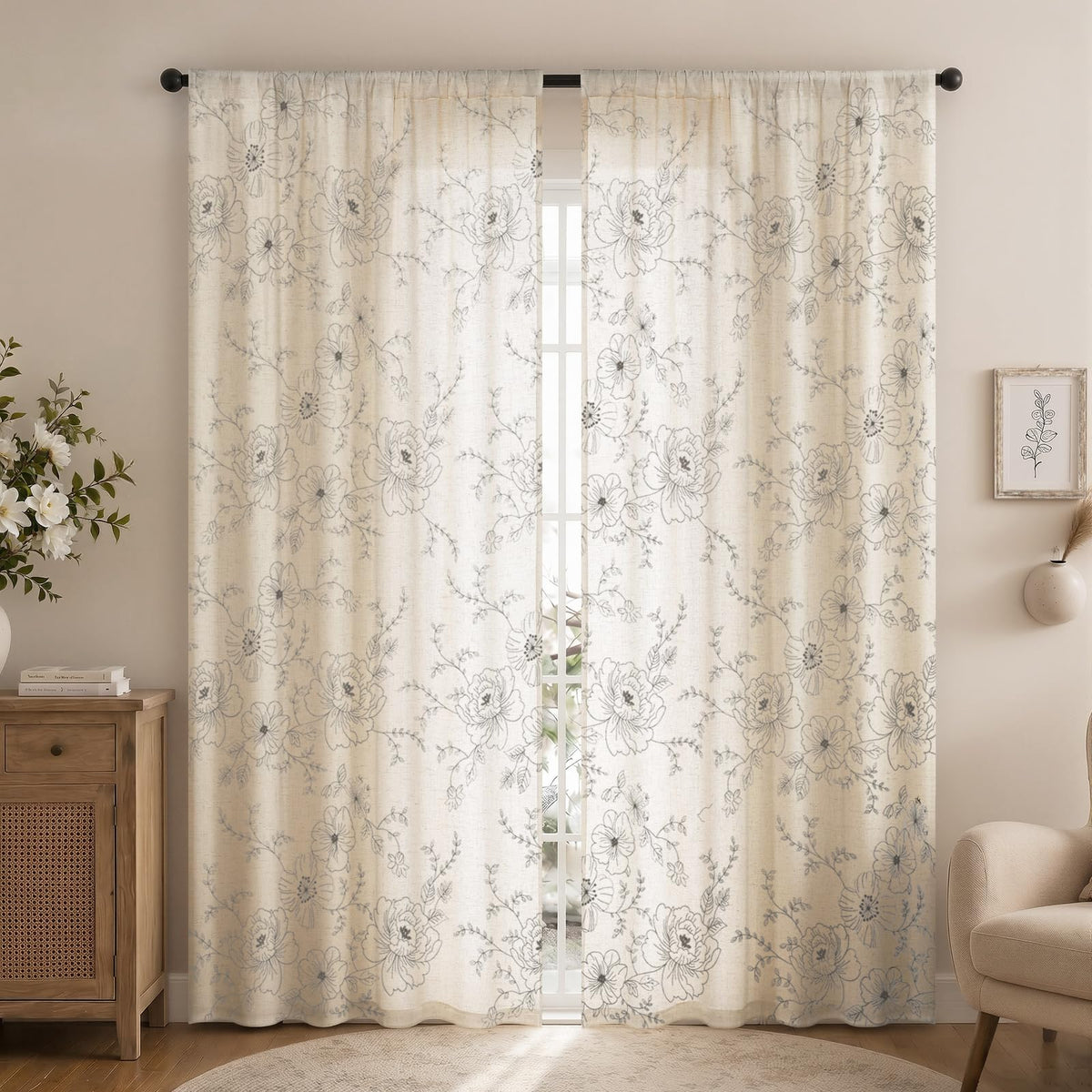 Boho Floral Curtains (Grey Floral / 52"W x 84"L (Pack of 2))