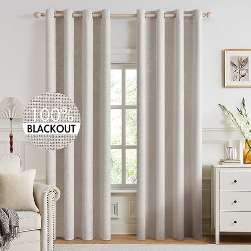 100% Blackout Linen Curtains for Bedroom 52x92 Inches Ivory (Ivory / 52"W x 92"L (Pack of 2))