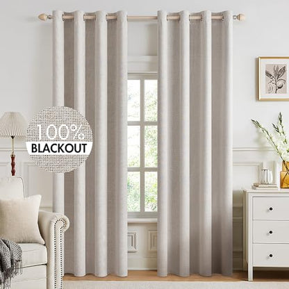 100% Blackout Linen Curtains for Bedroom 52x92 Inches Ivory (Ivory / 52"W x 92"L (Pack of 2))