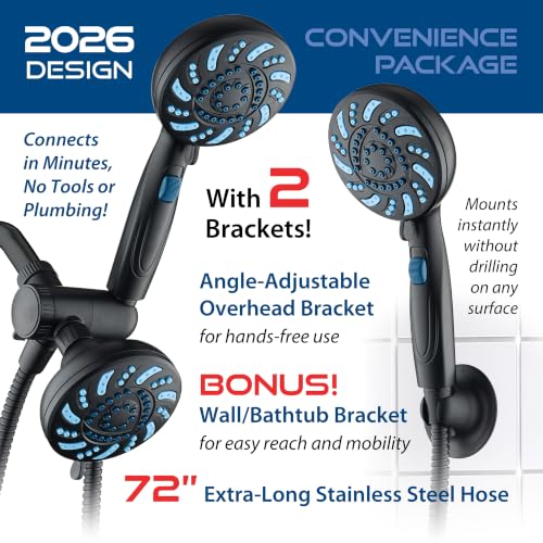 Seen-On-TV High Pressure 8-mode Handheld Shower Head - 2-mode Power Wash to Clean Tub, Tile & Pets, Stay-Clean Nozzles, Extra Long 6 ft. Stainless Steel Hose, Wall & Overhead Brackets, Modern
