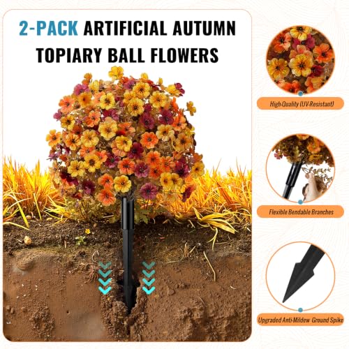 2Pcs Artificial Fall Topiary Ball Flowers for Outdoors (Orange Yellow Brown)