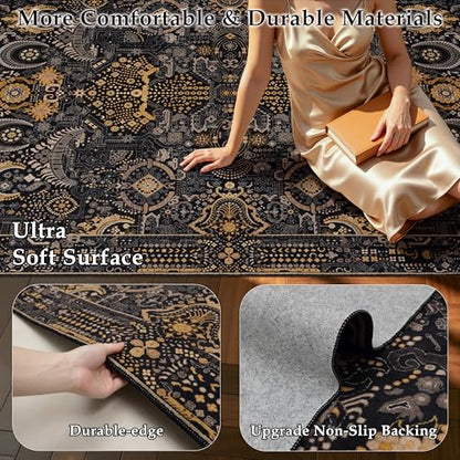 Washable Area Rug 5×7 for Living Room (Black and Gold / 5' x 7' (Rectangular))