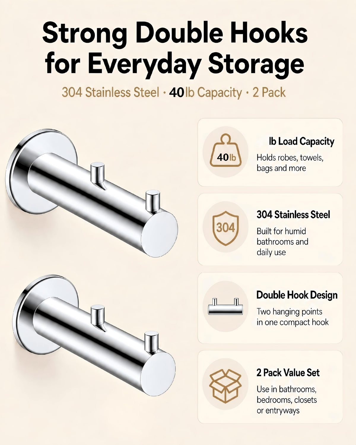 Double Heavy Duty wall Hooks (Chrome Polished)