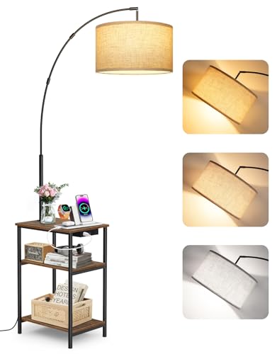 76'' Tall Arc Floor Lamp with Table & Remote (Rustic Brown With Beige Shade)