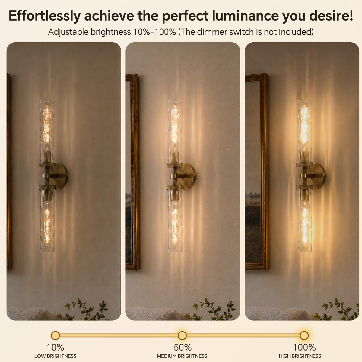 24in Bathroom Sconces with Water Ripple Glass (Brass / 24in-2PK)