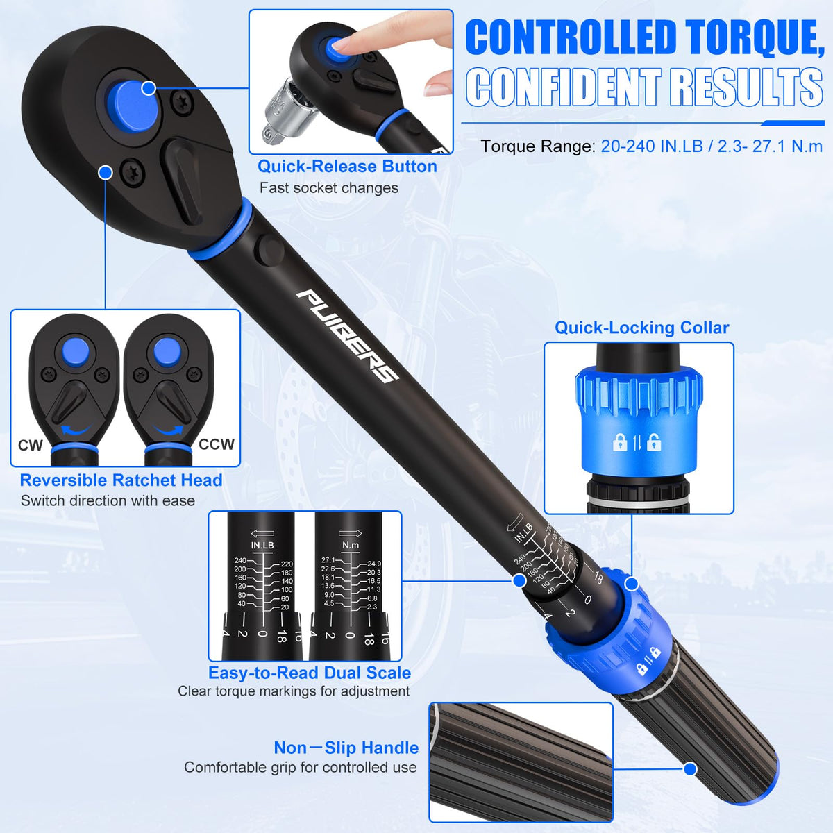 3/8-Inch Drive Click Torque Wrench Set (20-240 in.-lb), 31-Piece Bike & Auto Tool Kit with Metric Sockets (6-21mm), Torx/Hex Bit Sockets, Spark Plug Sockets & Extension (3/8" 20-240 in.lb - 31 Pcs)