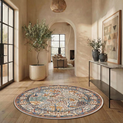 6ft Round Rug Circular Animal Print Area Rug Low Pile Indoor Rug (Beige / 6' (Round))