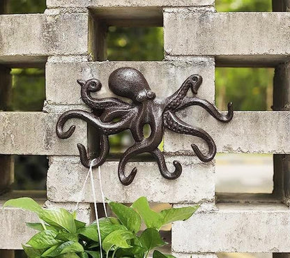 Cast Iron Coat Hooks Rustic Octopus Key Holder Heavy Duty Hooks Wall Mounted with 6 Tentacles for Keys