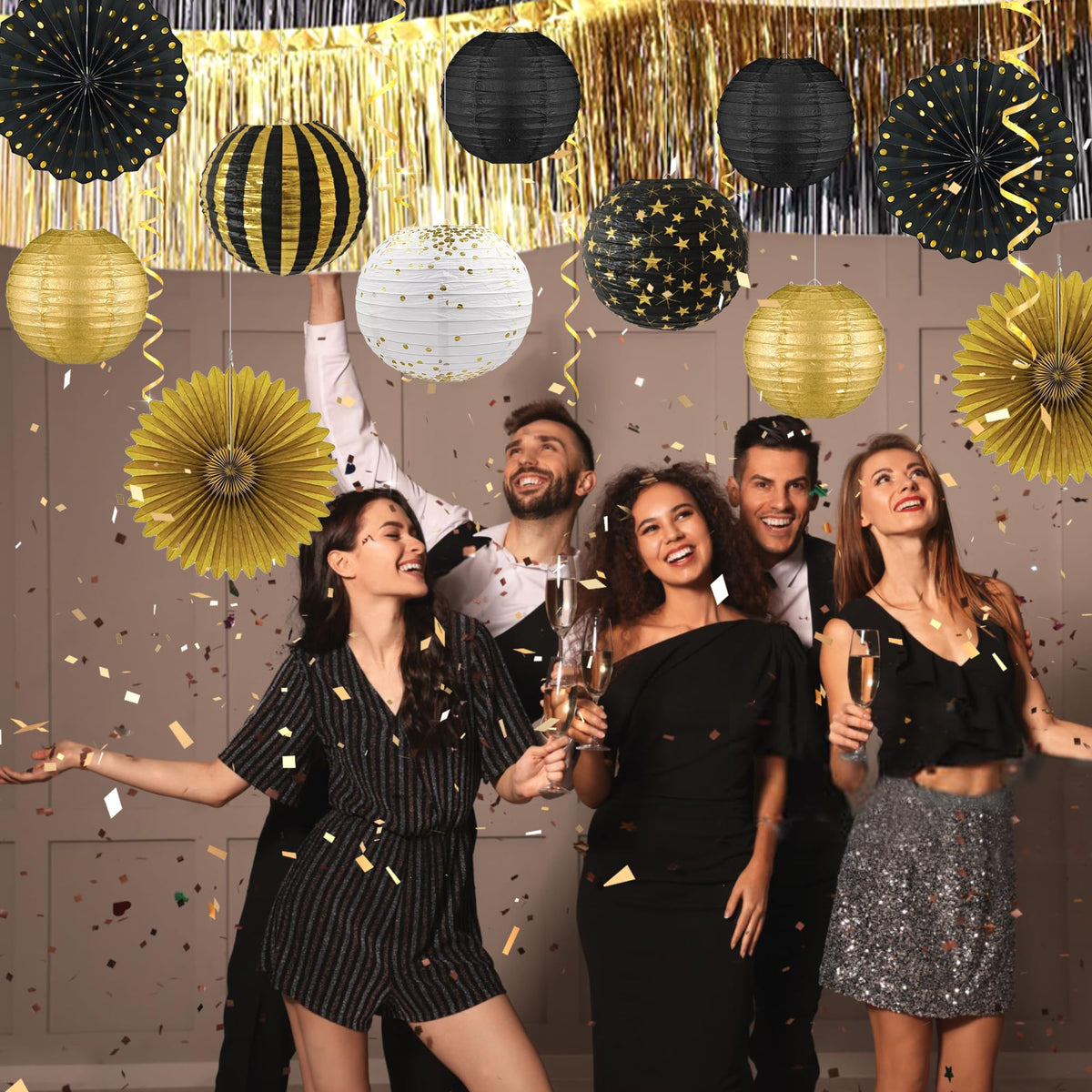 Black Gold Party Decorations Paper Fans Streamers Lanterns (Black and Gold)