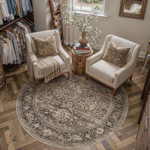 Brown Washable 5x5 Round Area Rugs for Living Room Bedroom (Retro | Brown / 5' (Round))