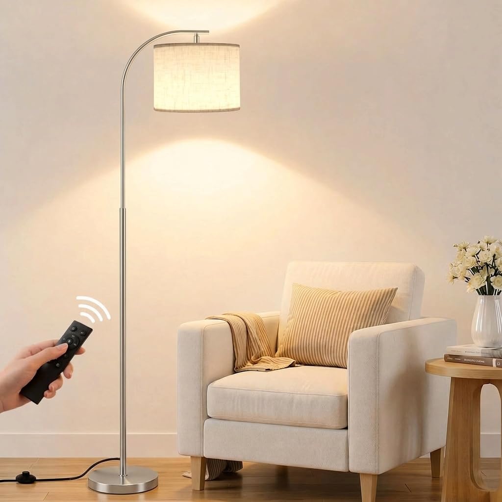Floor Lamp with Linen Shade (Beige (Silver))