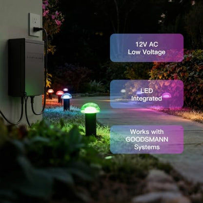 Smart Color Changing Low Voltage Landscape Path Lights 12V AC Mushroom Pathway Lights with Clear Glass Top Metal Body and Stakes Connectors Included