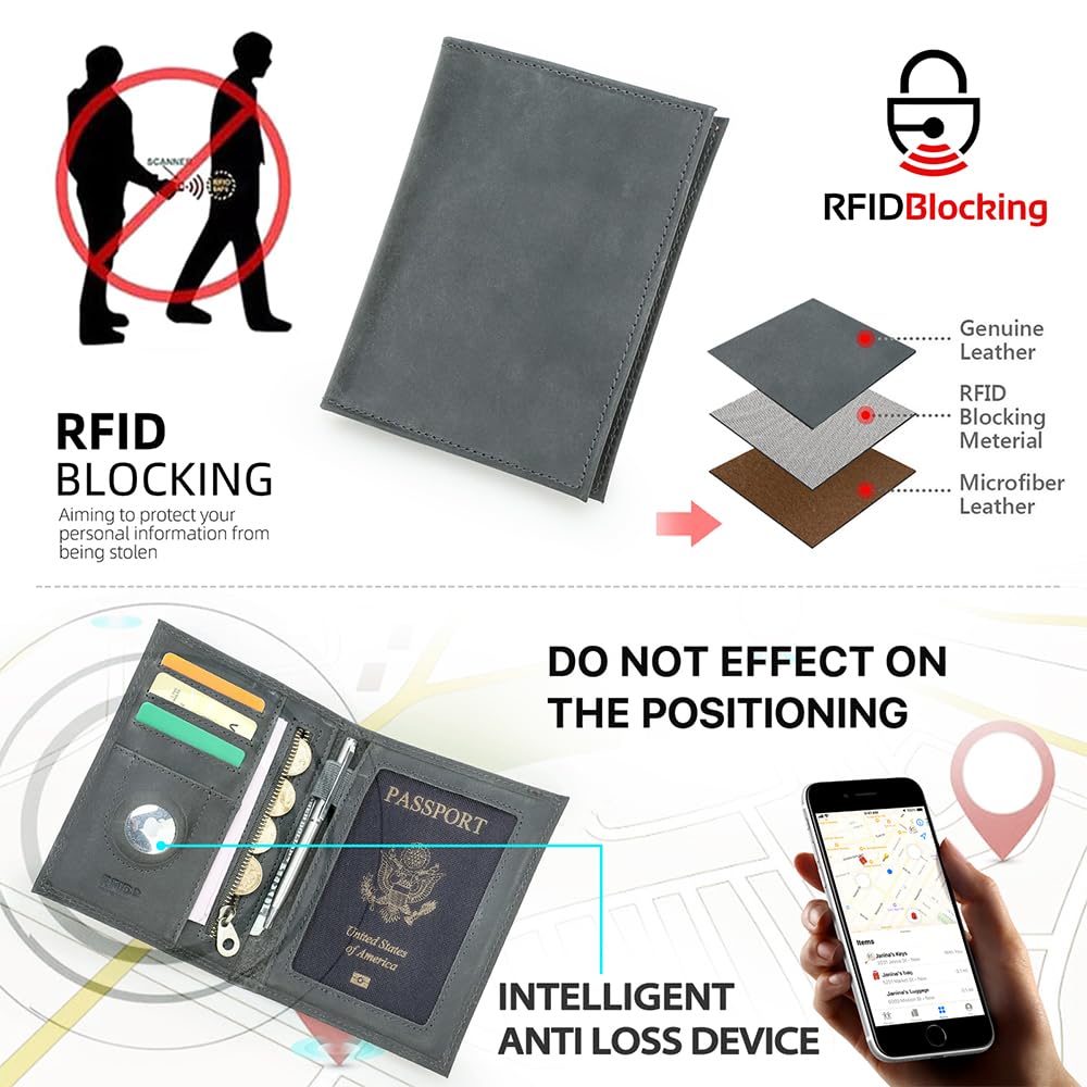 CONTACTS Full Grain Leather Rfid Passport Wallet for Airtag Passport Holder (Gray / Plain- Classic)