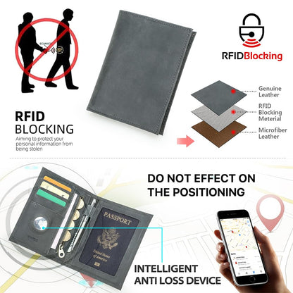 CONTACTS Full Grain Leather Rfid Passport Wallet for Airtag Passport Holder (Gray / Plain- Classic)