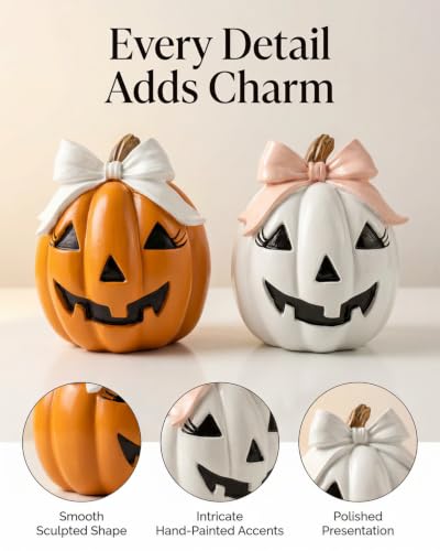 Set of 2 Bow Pumpkin Figurines for Halloween Decor (Bowknot Pumpkin)